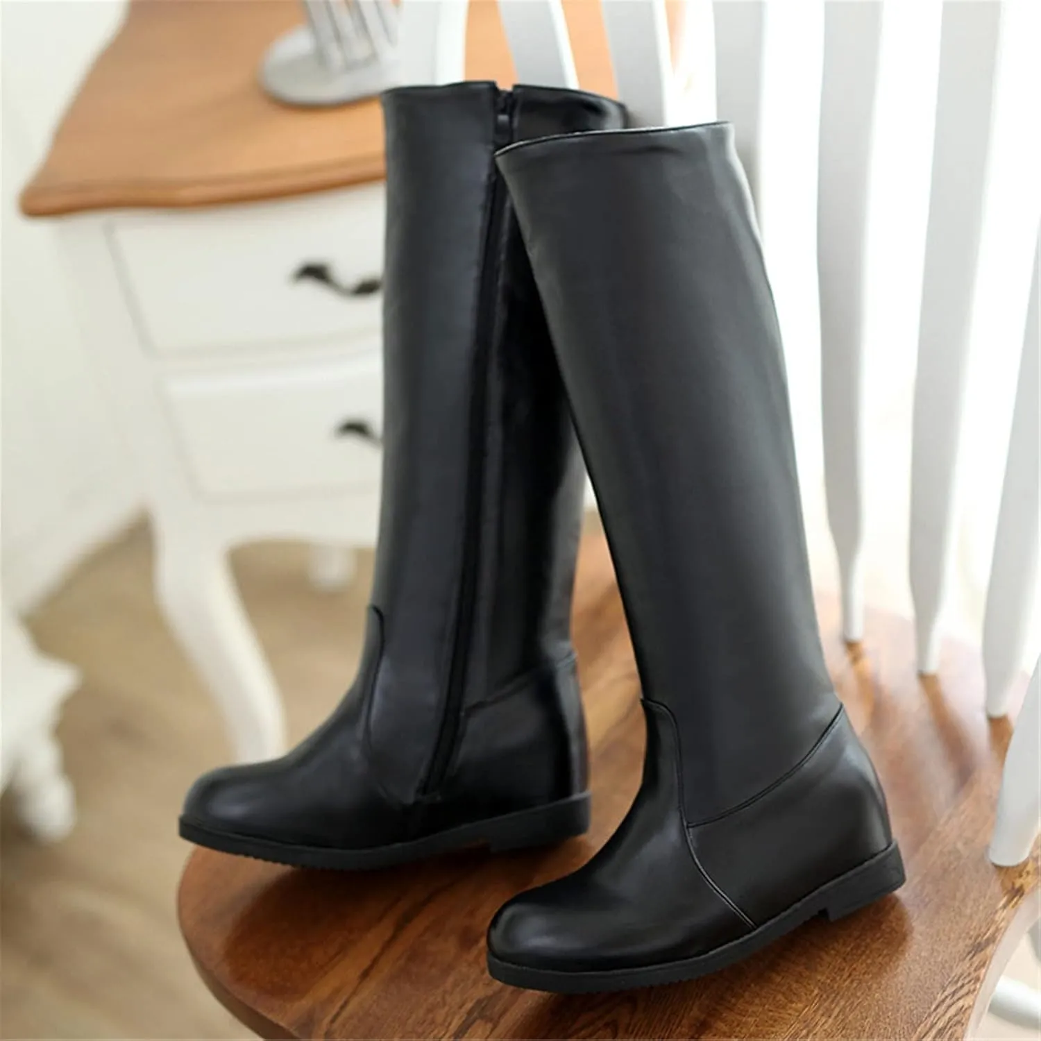 FFZSQ Student Long Shaft Snow Boots Women Winter Riding Boots Comfort Non-Slip Worker Boots with Zipper PU Leather Round Toe Party Shoes