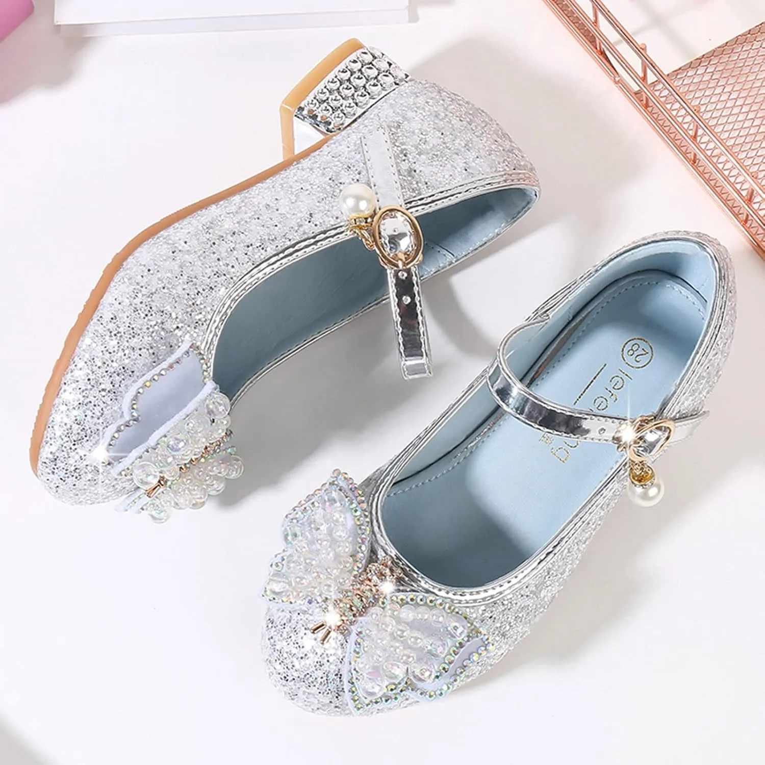 Flower Girls Wedding Heel Princess Shoes Flats for Kid Toddler Mary Jane Glitter Bows Sequin Party Dress Shoes