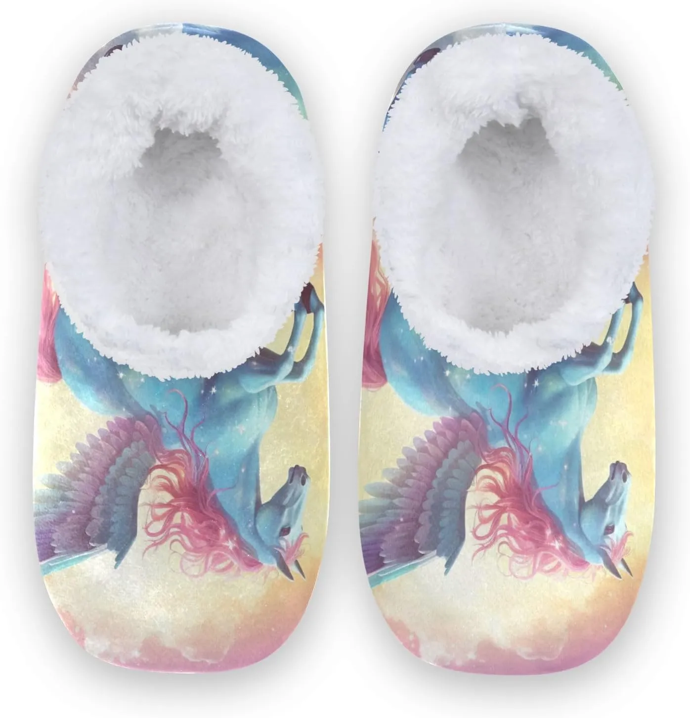 Flying Unicorn Rainbow Cloud Fuzzy Memory Foam Closed Back Slippers for Women Men Knit Fleece Lined House Shoes with Anti-Skid Sole Bedroom Slippers for Outdoor Indoor Bedroom Hotel