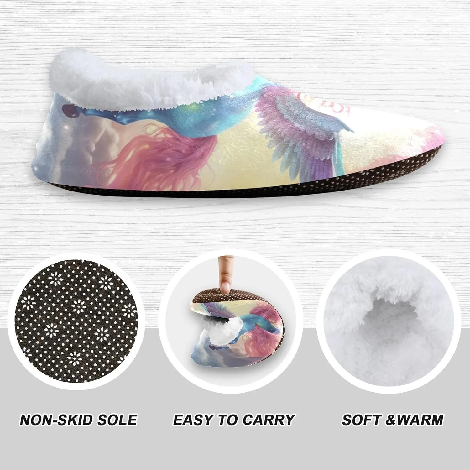 Flying Unicorn Rainbow Cloud Fuzzy Memory Foam Closed Back Slippers for Women Men Knit Fleece Lined House Shoes with Anti-Skid Sole Bedroom Slippers for Outdoor Indoor Bedroom Hotel