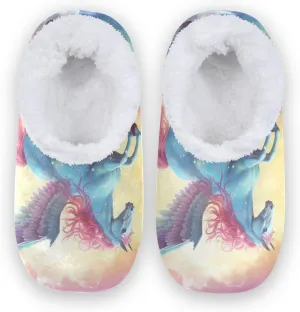 Flying Unicorn Rainbow Cloud Fuzzy Memory Foam Closed Back Slippers for Women Men Knit Fleece Lined House Shoes with Anti-Skid Sole Bedroom Slippers for Outdoor Indoor Bedroom Hotel