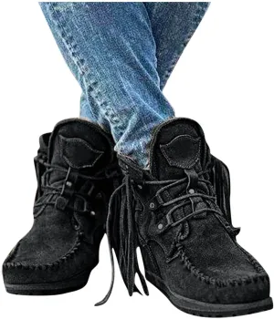 Gibobby Boots for Women Wide Calf,Retro Boots Comfy Flat Bottom Increased Combat Booties Outdoor Fringe Western Shoes