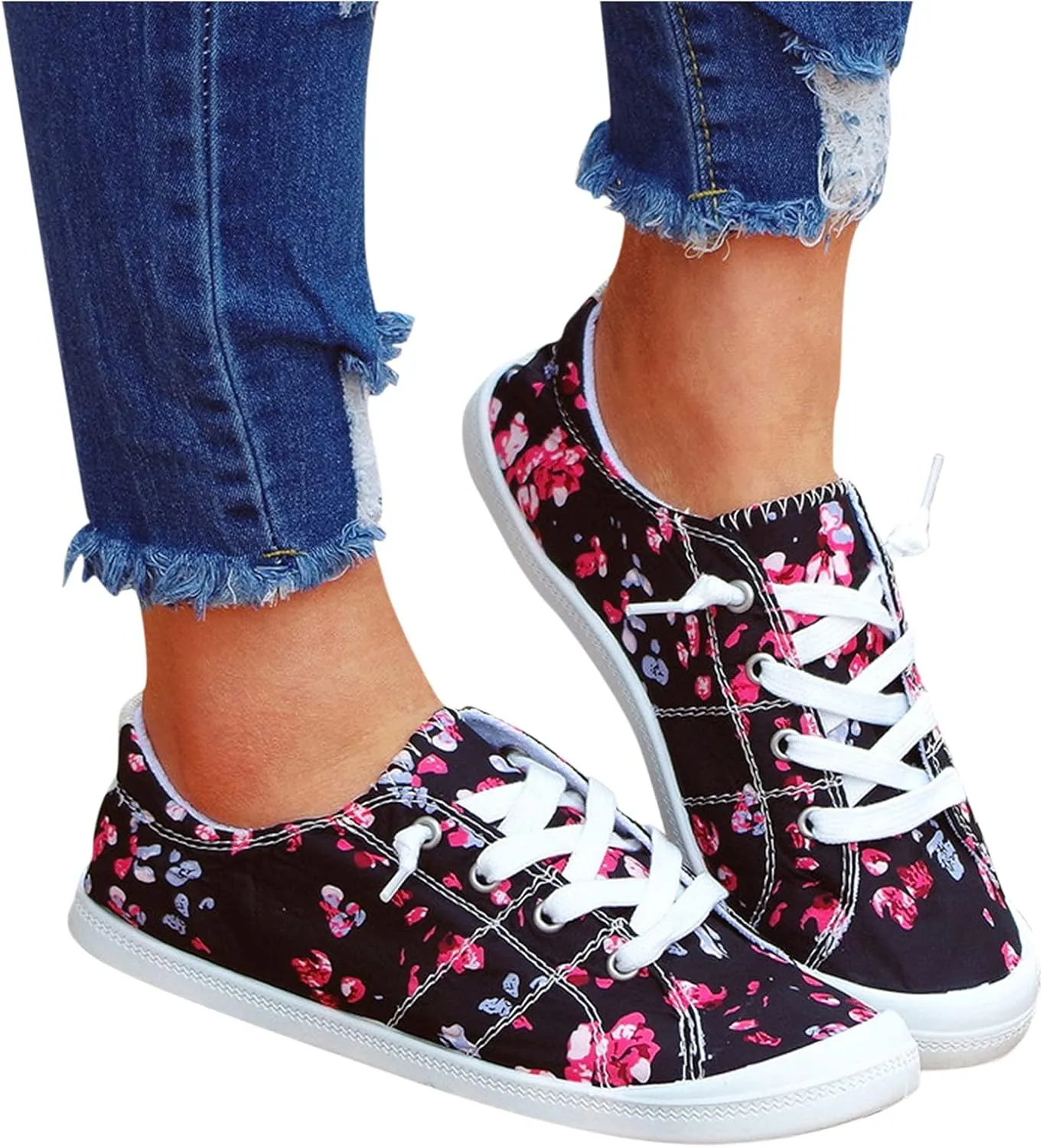Gibobby Womens Sandals Sneakers for Women Walking Shoes,Lace Up Casual Shoes for Women,Faux Leather Round Toe Flat Sneakers Summer Outdoor Fashion Zipper Loafer Black