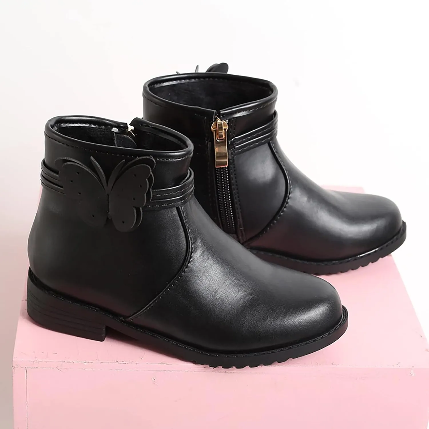 Girl Boots Girls Butterfly Decor Zip Side Boots Western Boots Kids Ankle Boots Girls Low Heel High Top Ankle Boots