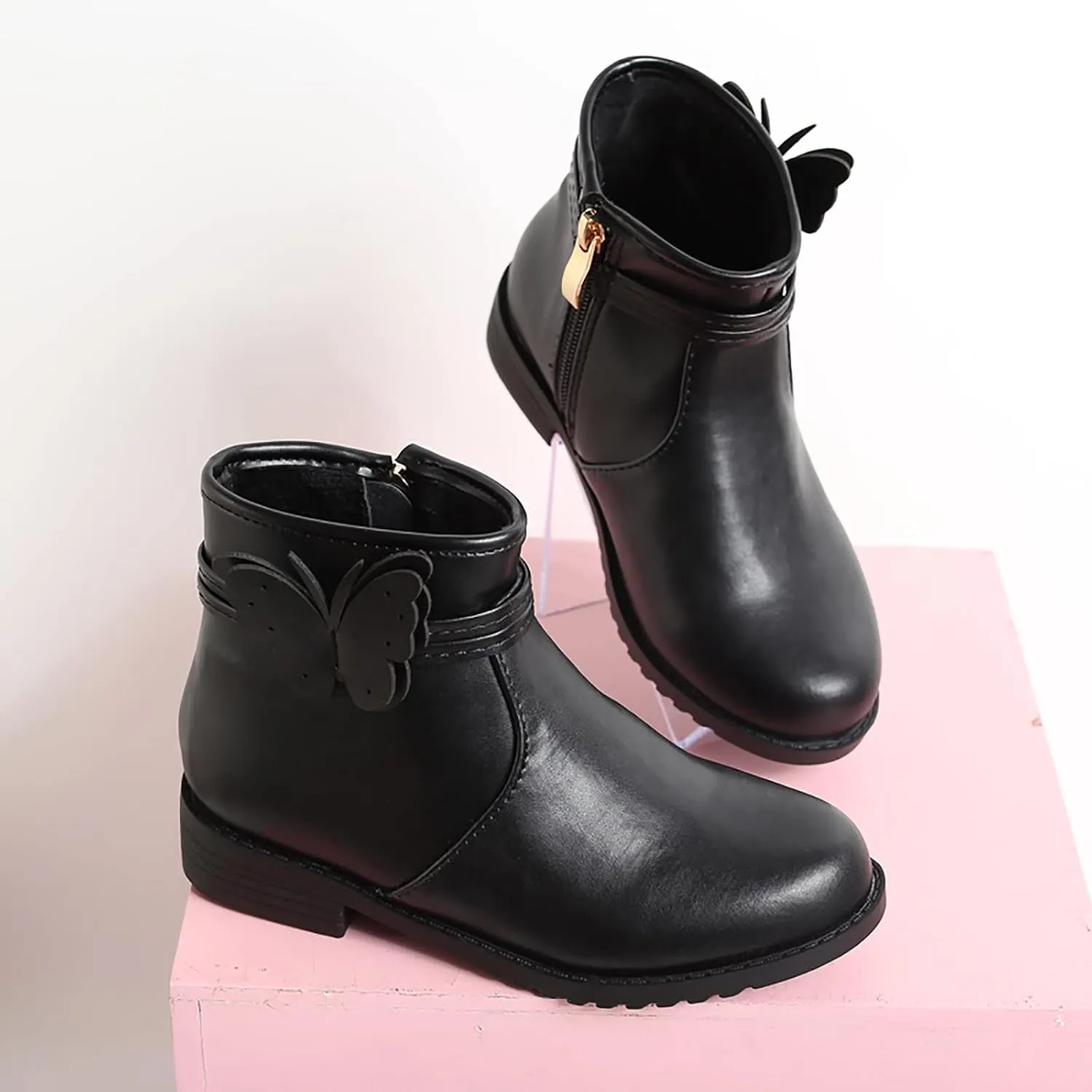 Girl Boots Girls Butterfly Decor Zip Side Boots Western Boots Kids Ankle Boots Girls Low Heel High Top Ankle Boots