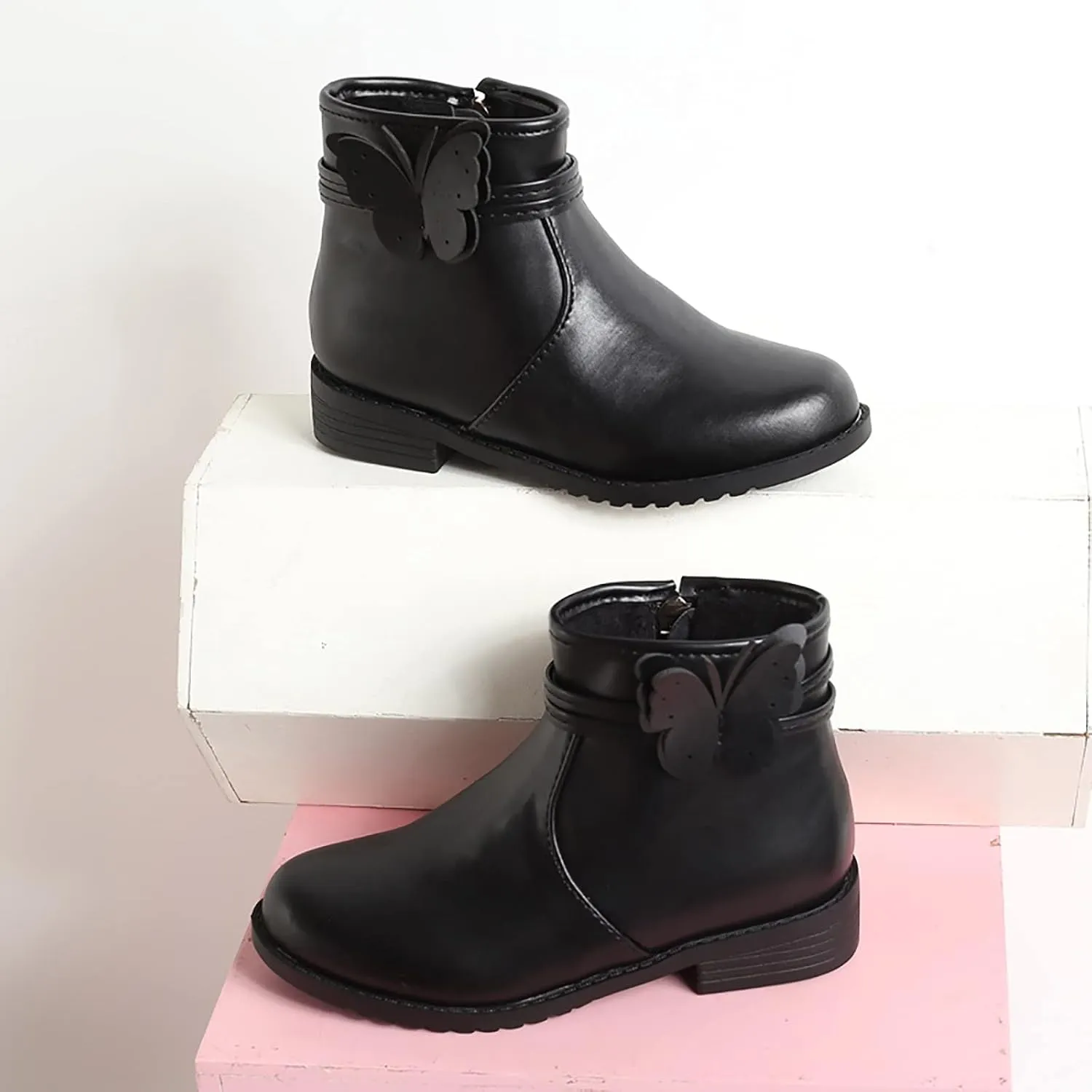 Girl Boots Girls Butterfly Decor Zip Side Boots Western Boots Kids Ankle Boots Girls Low Heel High Top Ankle Boots