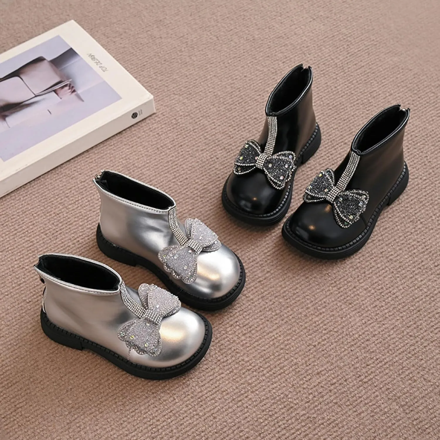 Girls Ankle Boots Girls Spring Autumn Winter Princess Versatile Bow Plus Velvet Warm Back Zipper Outdoor Hiking Shoes