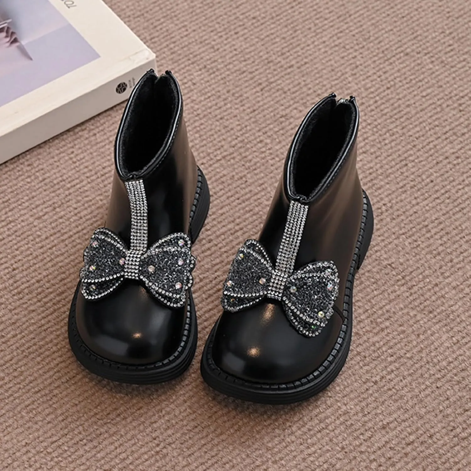 Girls Ankle Boots Girls Spring Autumn Winter Princess Versatile Bow Plus Velvet Warm Back Zipper Outdoor Hiking Shoes