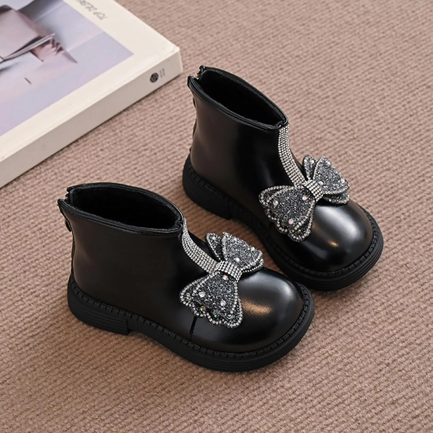 Girls Ankle Boots Girls Spring Autumn Winter Princess Versatile Bow Plus Velvet Warm Back Zipper Outdoor Hiking Shoes