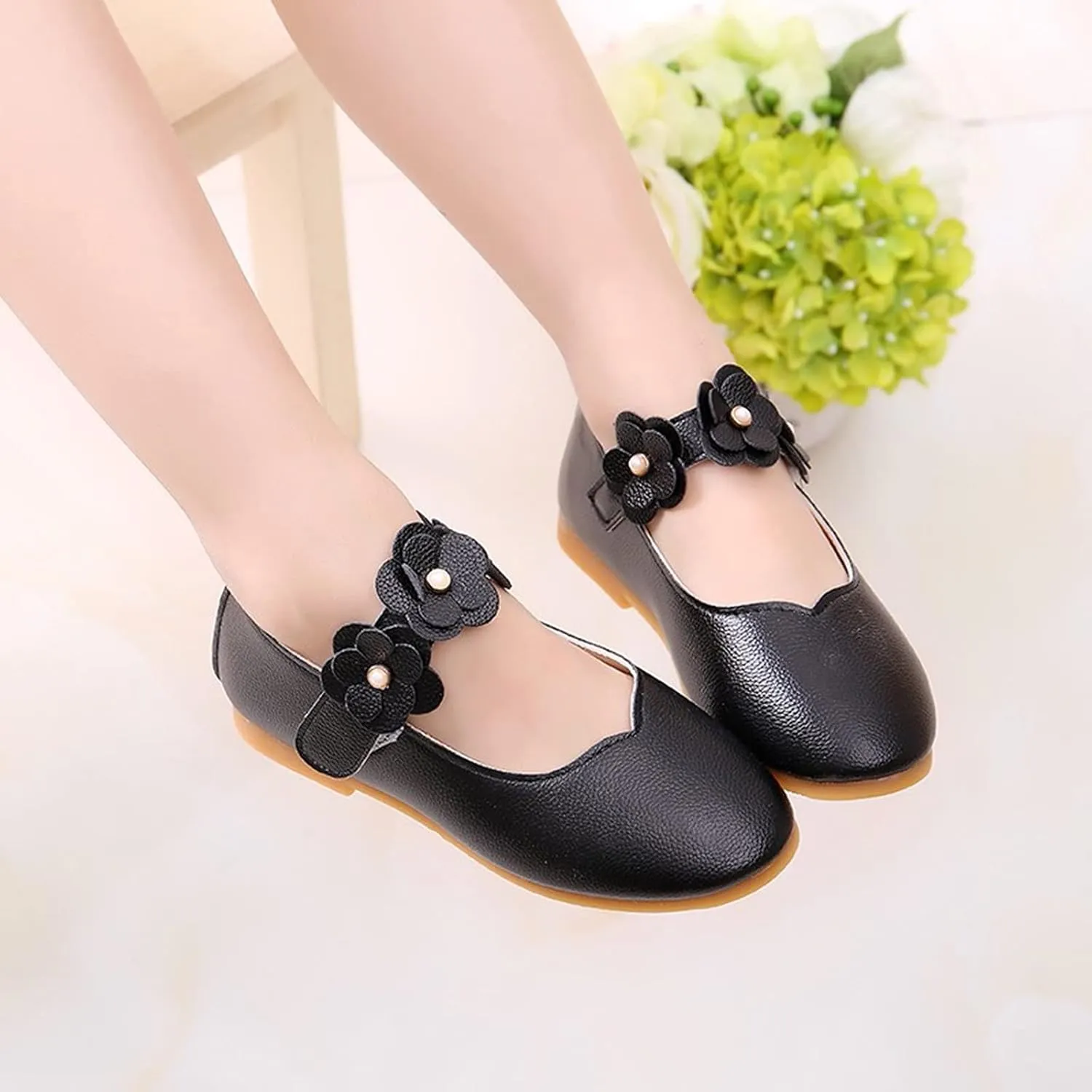 Girls Dress Shoes Closed Toe Wedding Party School Ankle Strap Ballet Flats Shoes Little Big Kids Flower Girl Shoes