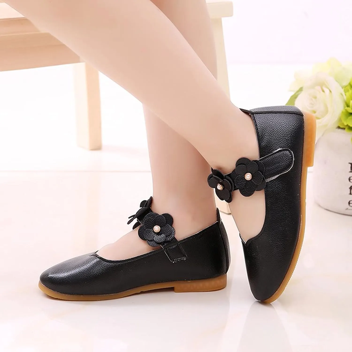 Girls Dress Shoes Closed Toe Wedding Party School Ankle Strap Ballet Flats Shoes Little Big Kids Flower Girl Shoes