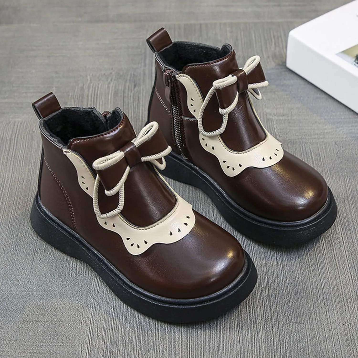 Girls Leather Ankle Boots Warm Snow Shoes Baby Bowknot Non Slip Round Toe Shoes Infant Warm Side Zipper Little Kid
