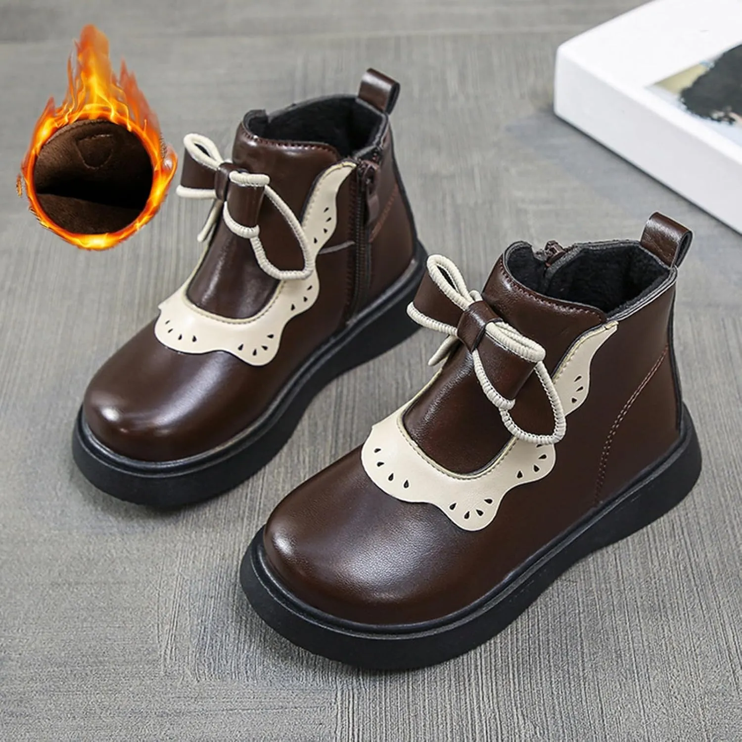 Girls Leather Ankle Boots Warm Snow Shoes Baby Bowknot Non Slip Round Toe Shoes Infant Warm Side Zipper Little Kid