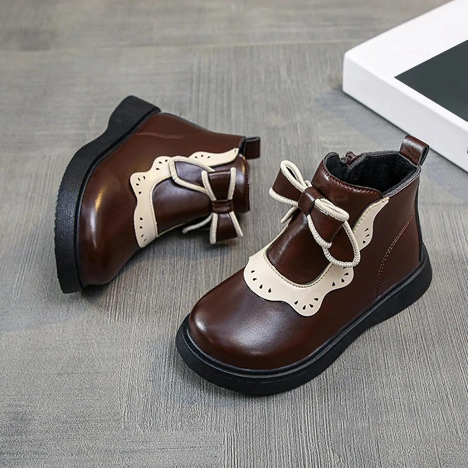 Girls Leather Ankle Boots Warm Snow Shoes Baby Bowknot Non Slip Round Toe Shoes Infant Warm Side Zipper Little Kid