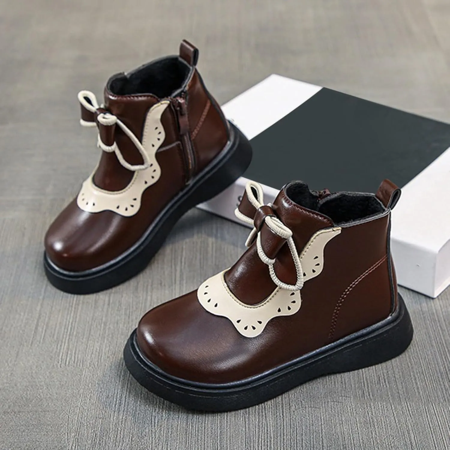 Girls Leather Ankle Boots Warm Snow Shoes Baby Bowknot Non Slip Round Toe Shoes Infant Warm Side Zipper Little Kid