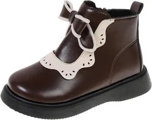 Girls Leather Ankle Boots Warm Snow Shoes Baby Bowknot Non Slip Round Toe Shoes Infant Warm Side Zipper Little Kid