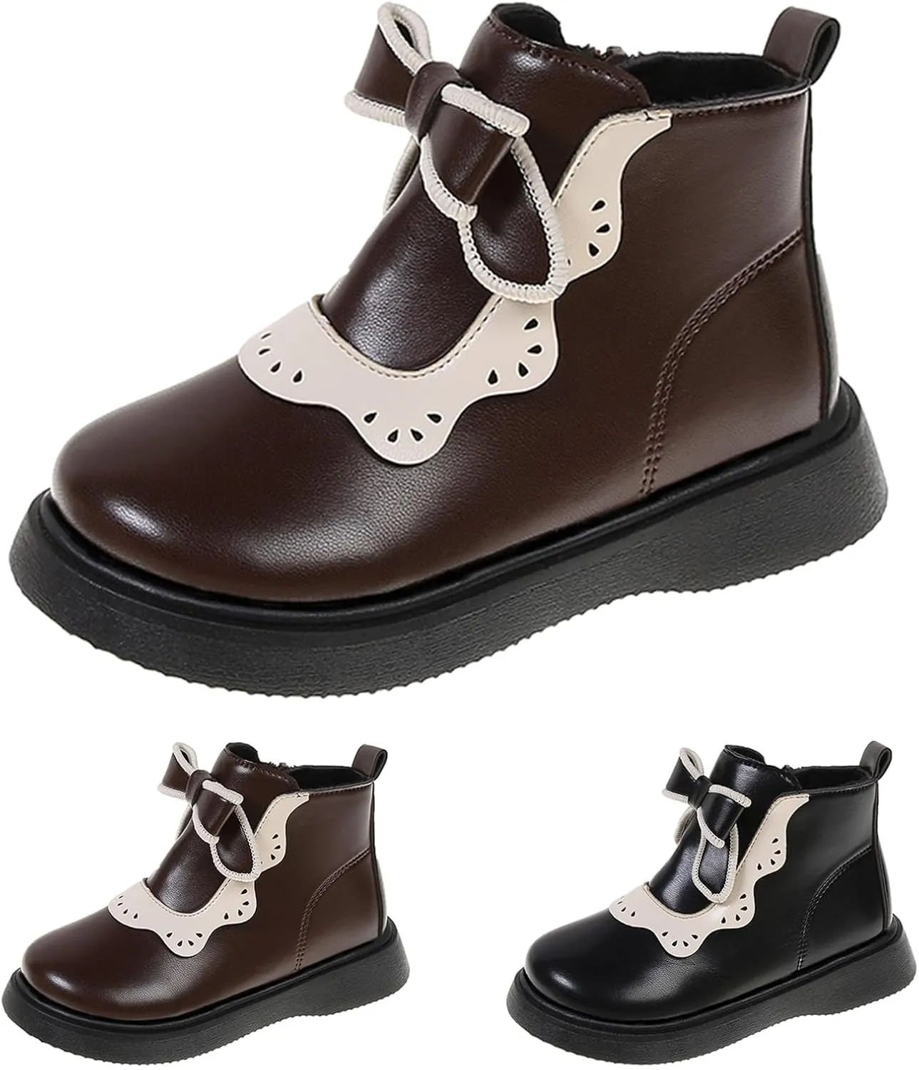 Girls Leather Ankle Boots Warm Snow Shoes Baby Bowknot Non Slip Round Toe Shoes Infant Warm Side Zipper Little Kid