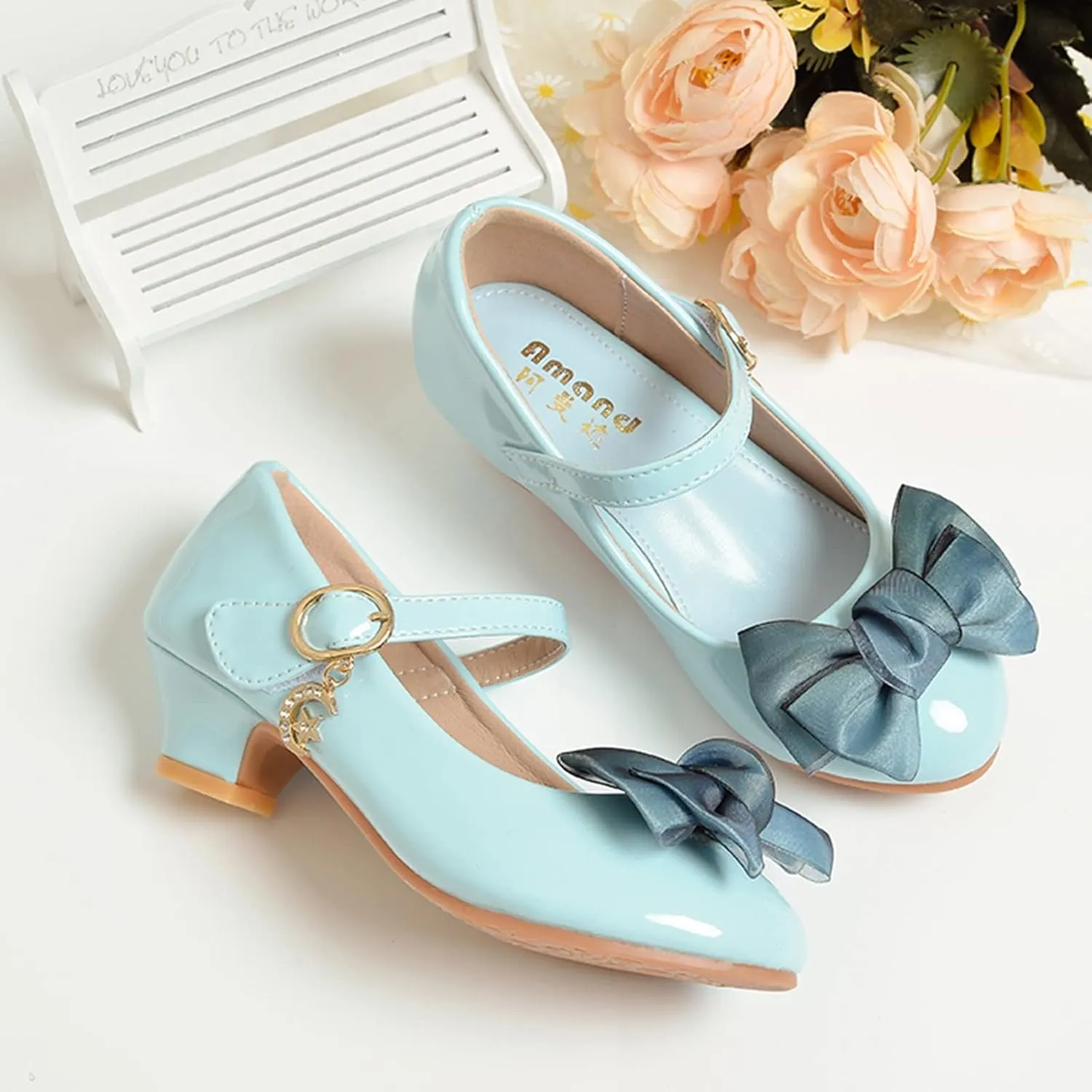 Girls Mary Jane Dress Shoes Pumps Low Heels Flower Bowknot Par𝘁y Wedding Princess 𝐂ommunion Ankle Strap Shoes