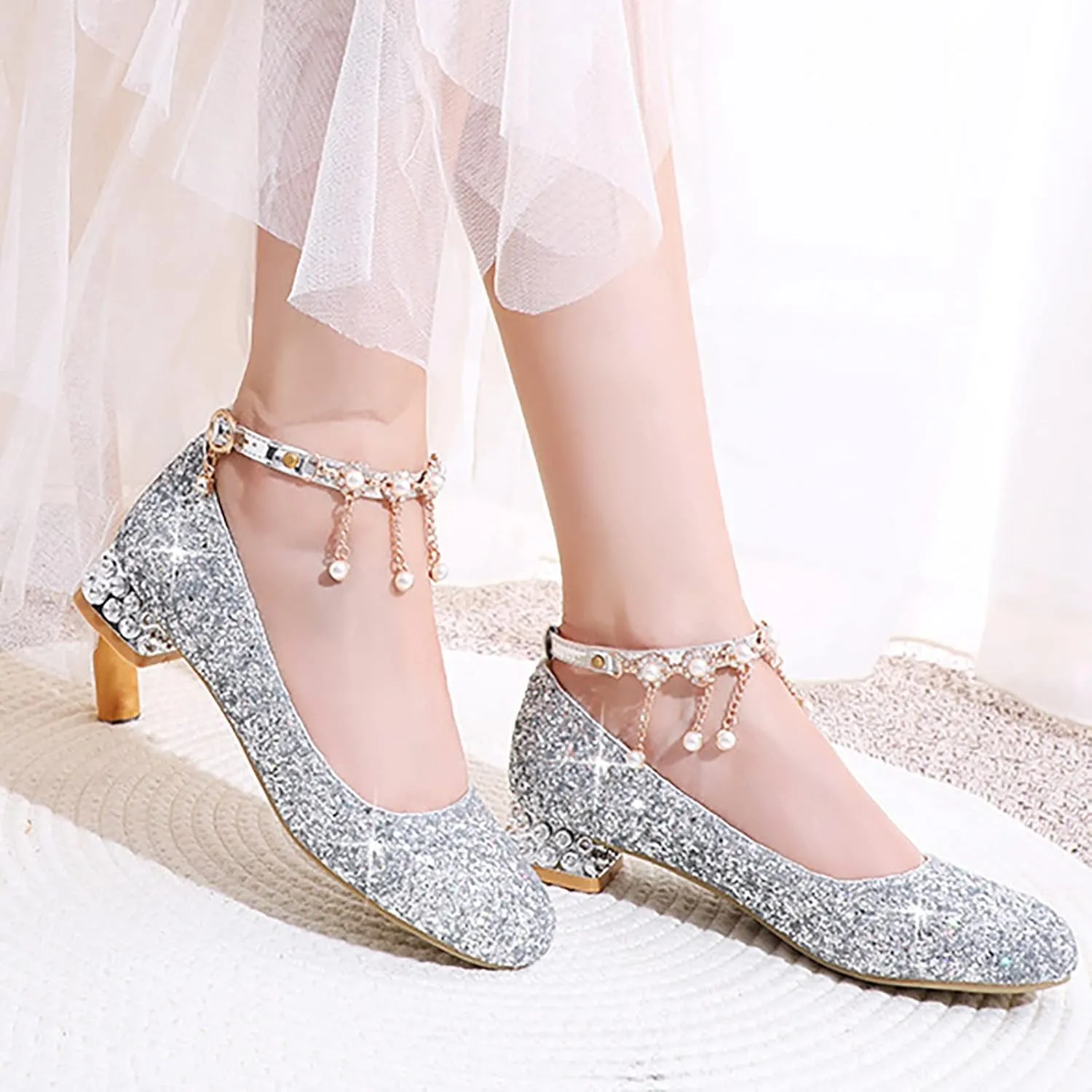 Girls Mary Jane Dress Shoes Rhinestones Pearls Flower Girl Wedding Low Heels Toddler Little Dress up Shoes for Girls