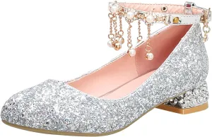 Girls Mary Jane Dress Shoes Rhinestones Pearls Flower Girl Wedding Low Heels Toddler Little Dress up Shoes for Girls