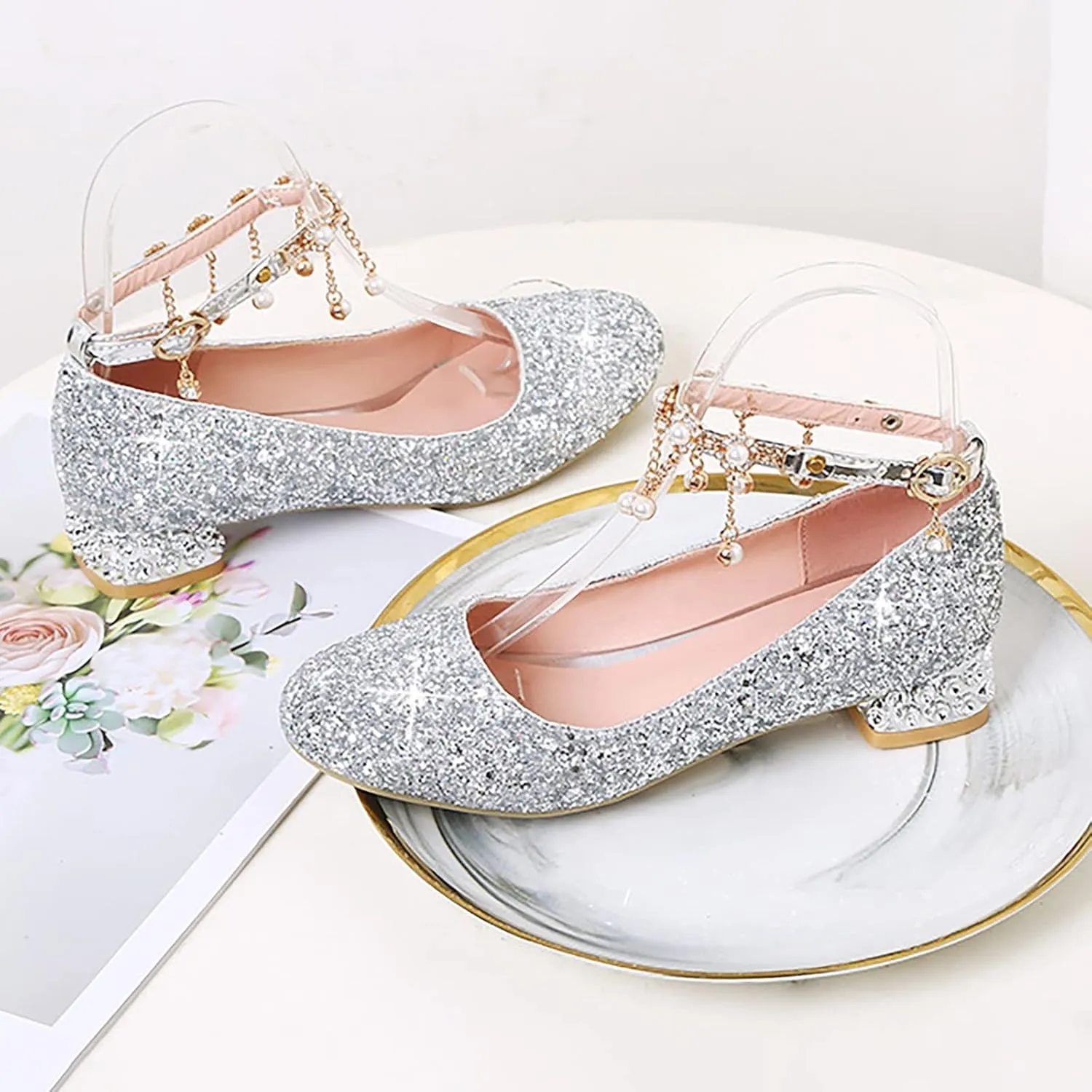 Girls Mary Jane Dress Shoes Rhinestones Pearls Flower Girl Wedding Low Heels Toddler Little Dress up Shoes for Girls