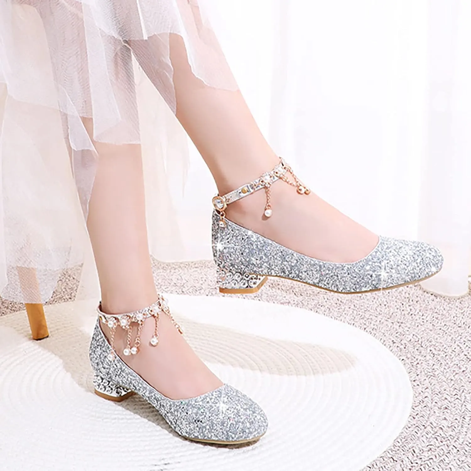 Girls Mary Jane Dress Shoes Rhinestones Pearls Flower Girl Wedding Low Heels Toddler Little Dress up Shoes for Girls