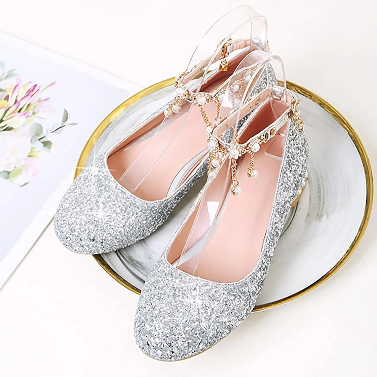 Girls Mary Jane Dress Shoes Rhinestones Pearls Flower Girl Wedding Low Heels Toddler Little Dress up Shoes for Girls
