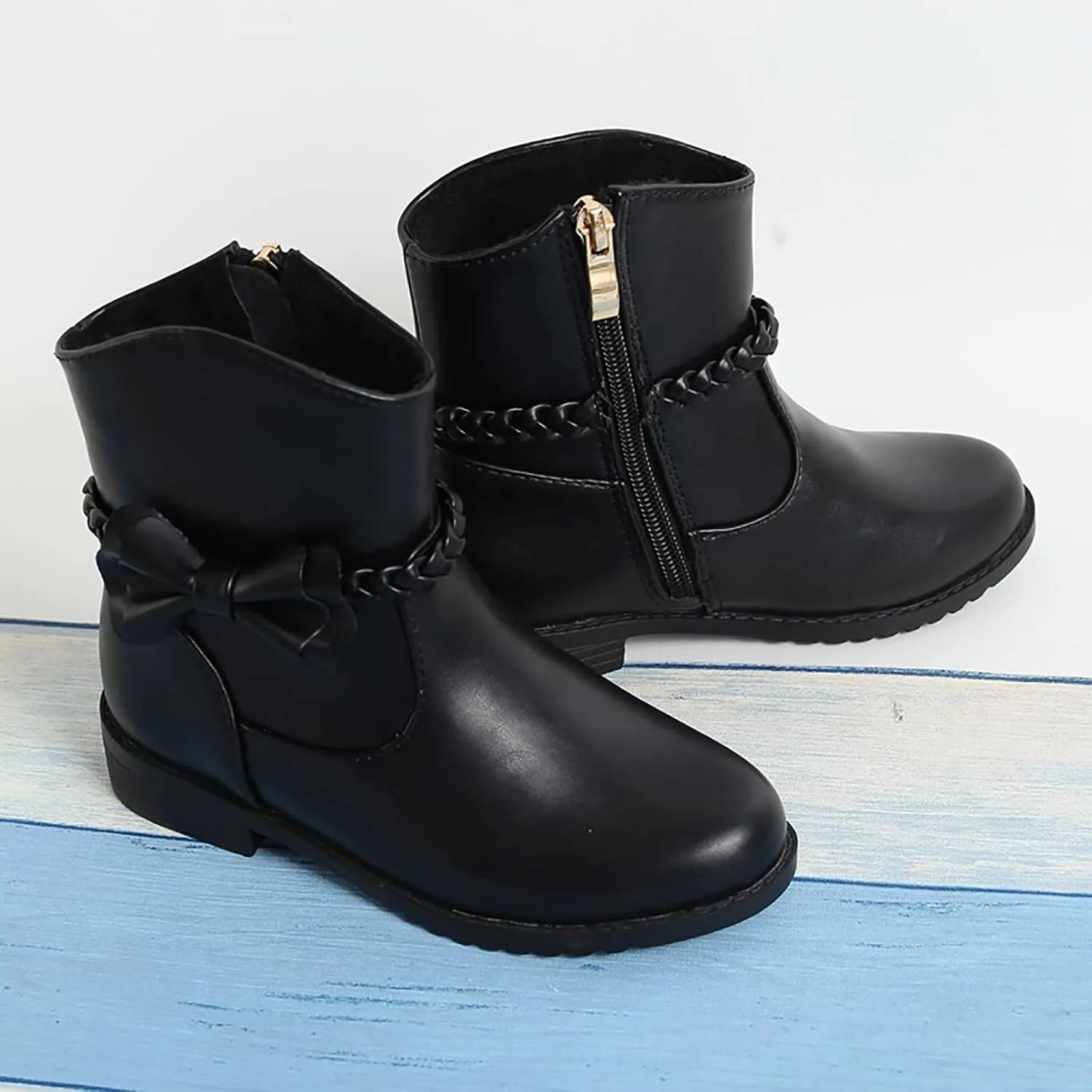 Girls Riding Boots Girls Bow Decor Braided Detail Zip Side Western Boots Kids Ankle Water Proof PU Leather Fall Boots