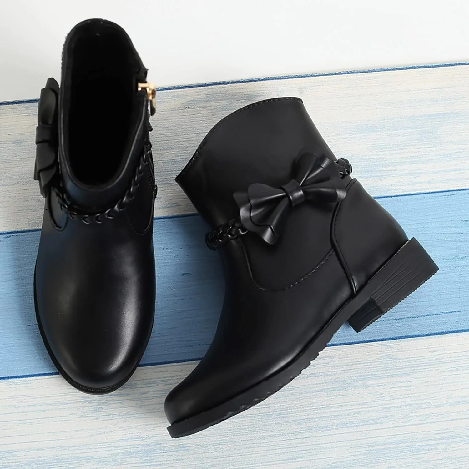 Girls Riding Boots Girls Bow Decor Braided Detail Zip Side Western Boots Kids Ankle Water Proof PU Leather Fall Boots