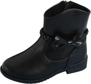 Girls Riding Boots Girls Bow Decor Braided Detail Zip Side Western Boots Kids Ankle Water Proof PU Leather Fall Boots