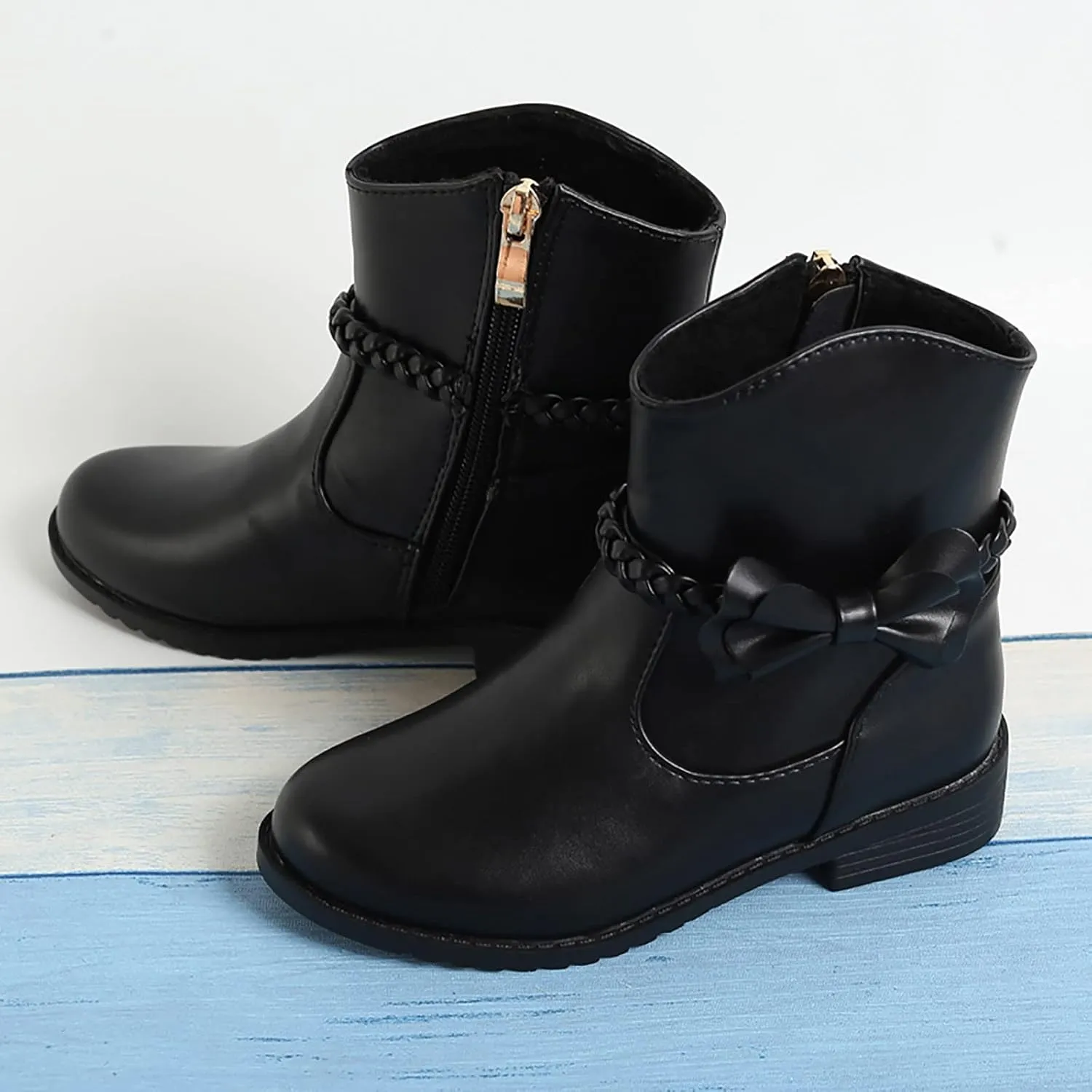 Girls Riding Boots Girls Bow Decor Braided Detail Zip Side Western Boots Kids Ankle Water Proof PU Leather Fall Boots