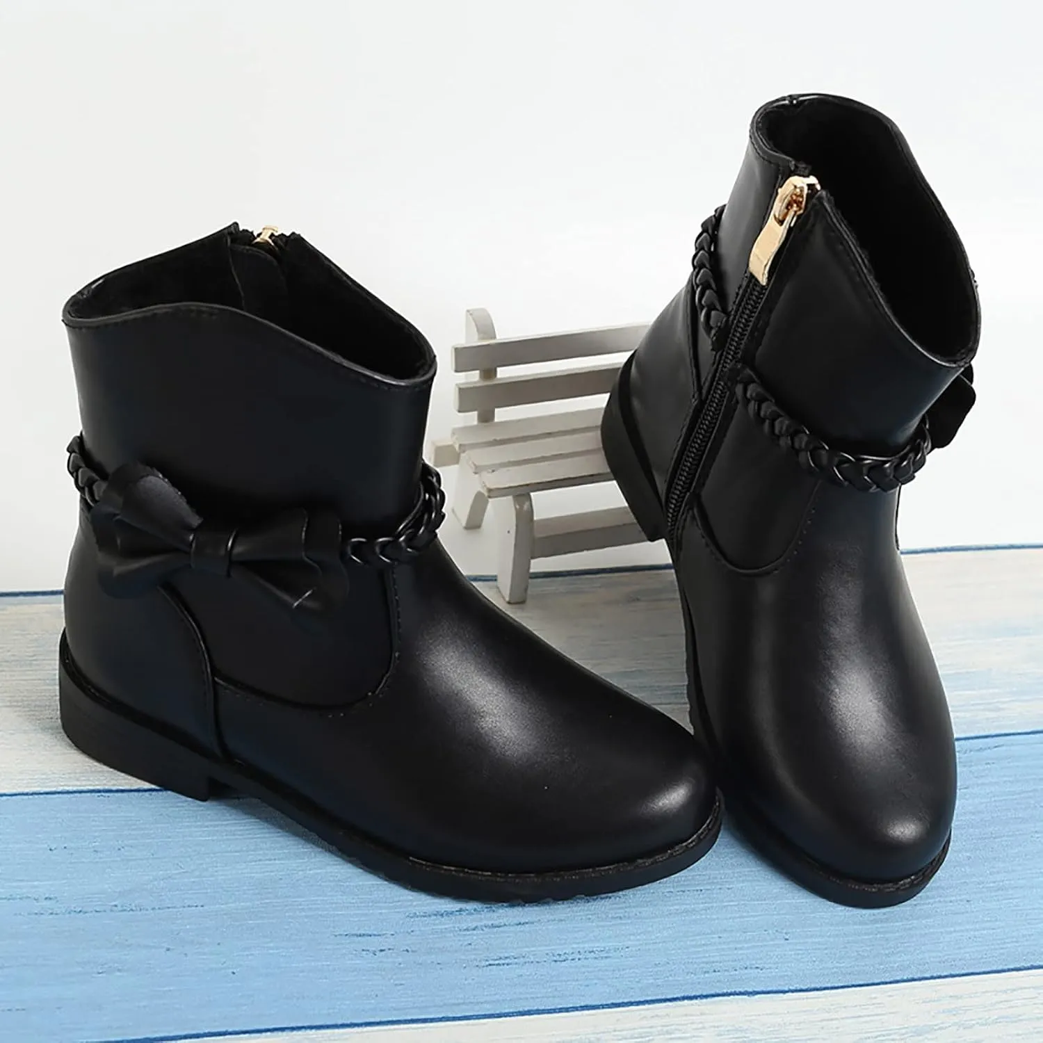 Girls Riding Boots Girls Bow Decor Braided Detail Zip Side Western Boots Kids Ankle Water Proof PU Leather Fall Boots