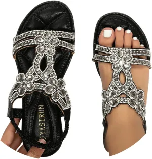 Glitter Sandals Women's Summer Elegant Flat Beach Shoes Girls Summer Shoes Women Comfortable Soft Wide Foot Bohemian Sandals for Women