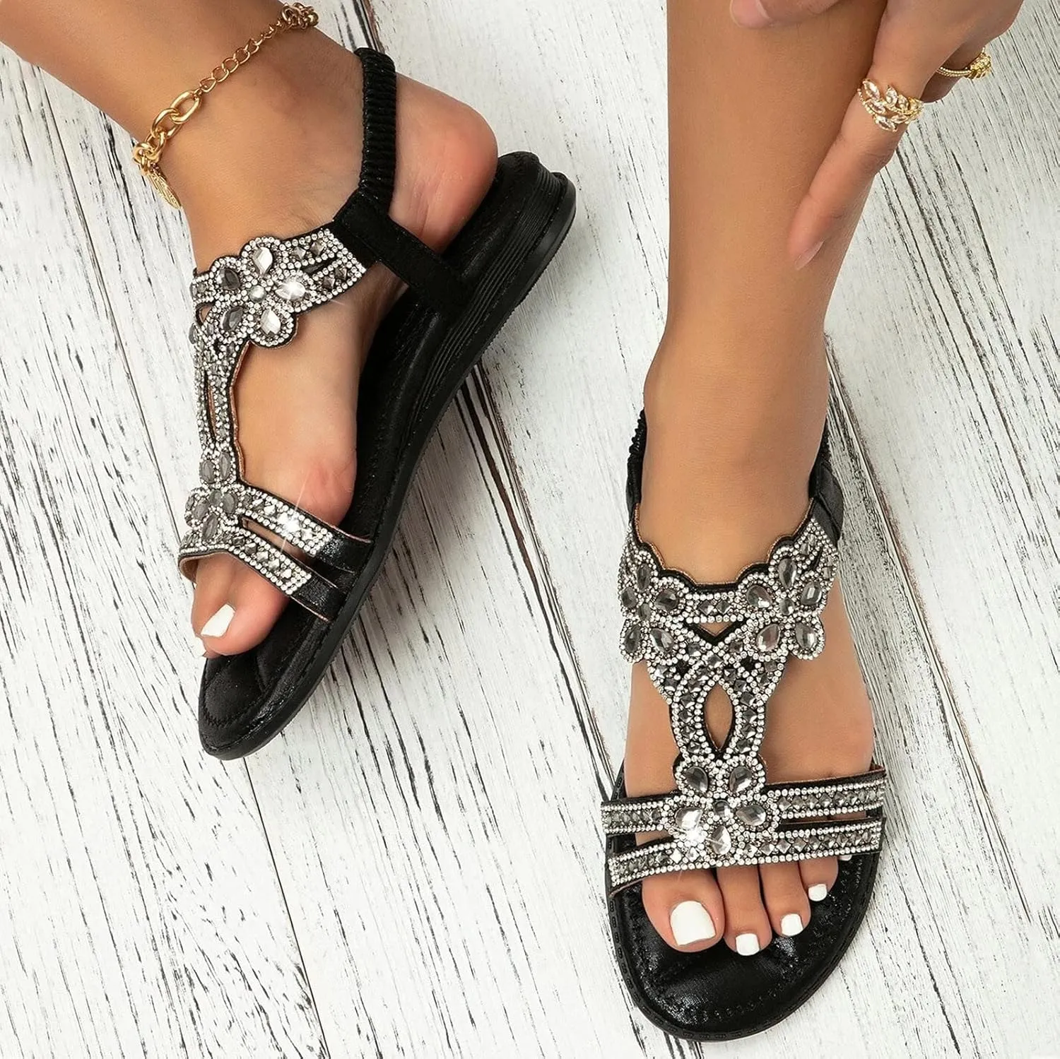 Glitter Sandals Women's Summer Elegant Flat Beach Shoes Girls Summer Shoes Women Comfortable Soft Wide Foot Bohemian Sandals for Women