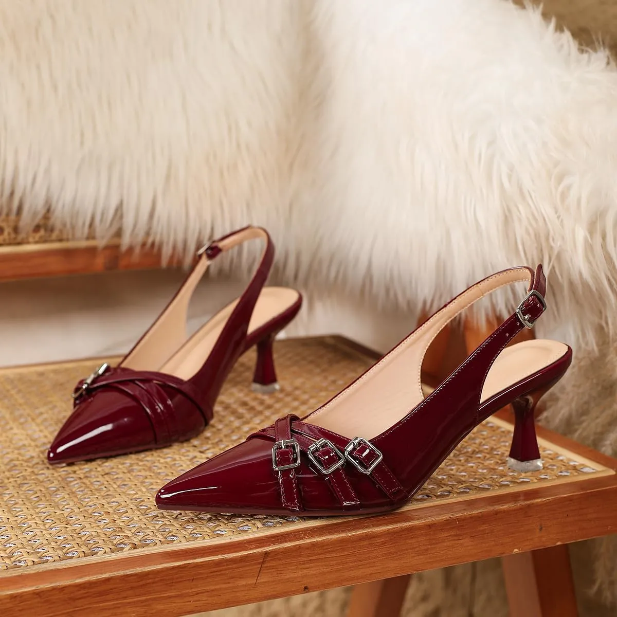 Heeled Slingback Kitten Heels for Women Closed Pointed Toe Pumps with Buckles for Dating Party Working
