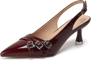 Heeled Slingback Kitten Heels for Women Closed Pointed Toe Pumps with Buckles for Dating Party Working