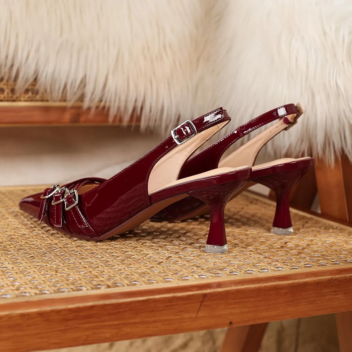 Heeled Slingback Kitten Heels for Women Closed Pointed Toe Pumps with Buckles for Dating Party Working