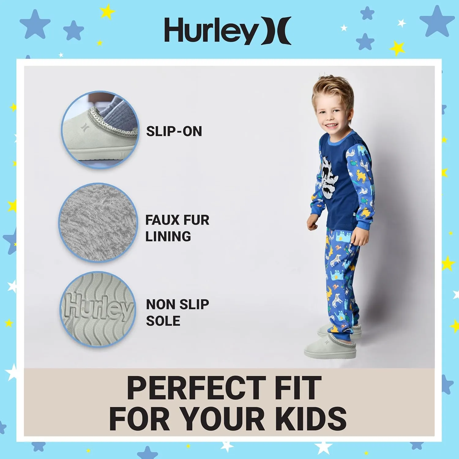Hurley Kids Modi Slippers - Indoor and Outdoor Slip-On Shoes for Boys and Girls, Durable Clogs With Faux Fur Fleece Lining - Warm Winter House Slippers