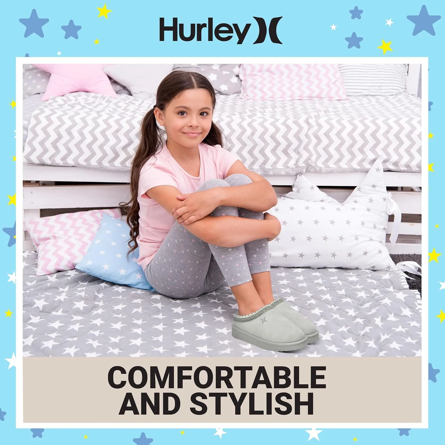 Hurley Kids Modi Slippers - Indoor and Outdoor Slip-On Shoes for Boys and Girls, Durable Clogs With Faux Fur Fleece Lining - Warm Winter House Slippers