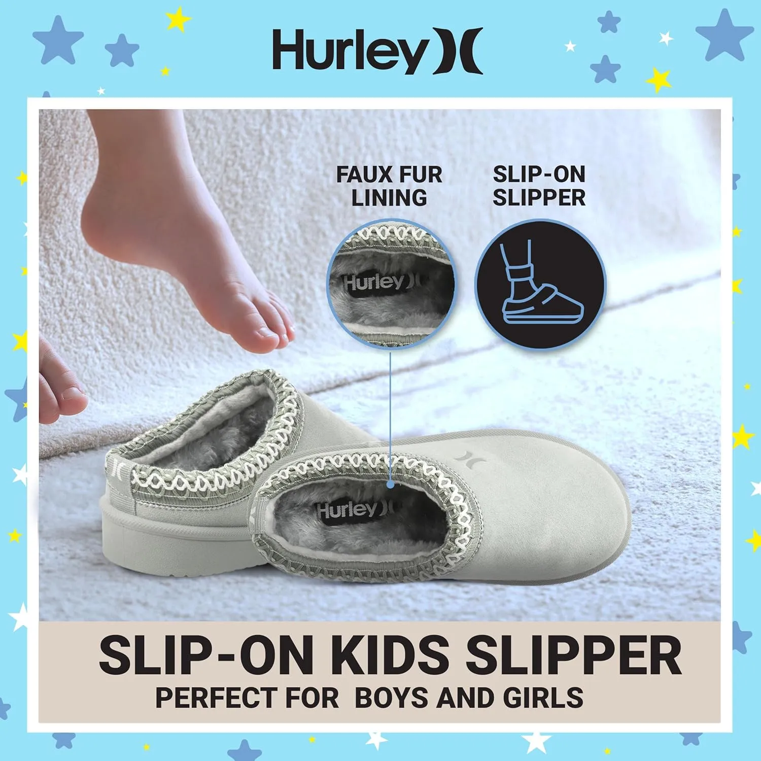 Hurley Kids Modi Slippers - Indoor and Outdoor Slip-On Shoes for Boys and Girls, Durable Clogs With Faux Fur Fleece Lining - Warm Winter House Slippers