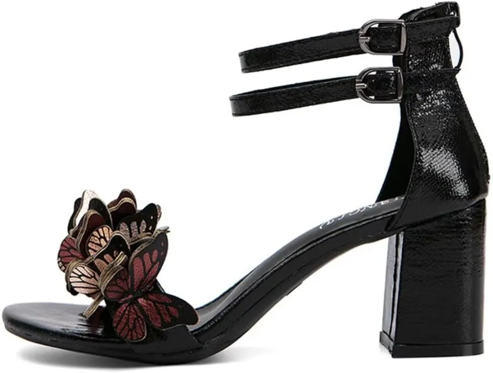 JOEupin Women's Butterfly Block Heel Sandals- Gold&Silver Strappy Dressy High Heels for Summer, Comfortable Wedding Party Shoes