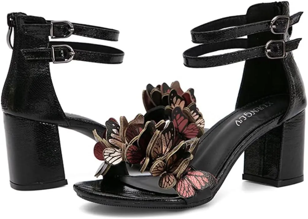 JOEupin Women's Butterfly Block Heel Sandals- Gold&Silver Strappy Dressy High Heels for Summer, Comfortable Wedding Party Shoes