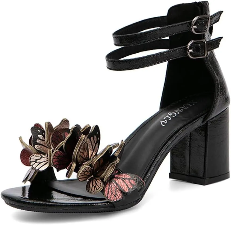 JOEupin Women's Butterfly Block Heel Sandals- Gold&Silver Strappy Dressy High Heels for Summer, Comfortable Wedding Party Shoes