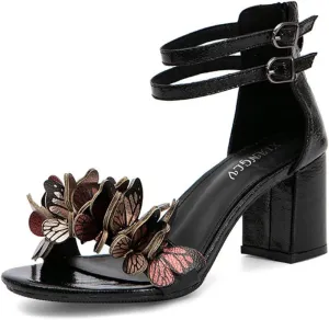 JOEupin Women's Butterfly Block Heel Sandals- Gold&Silver Strappy Dressy High Heels for Summer, Comfortable Wedding Party Shoes