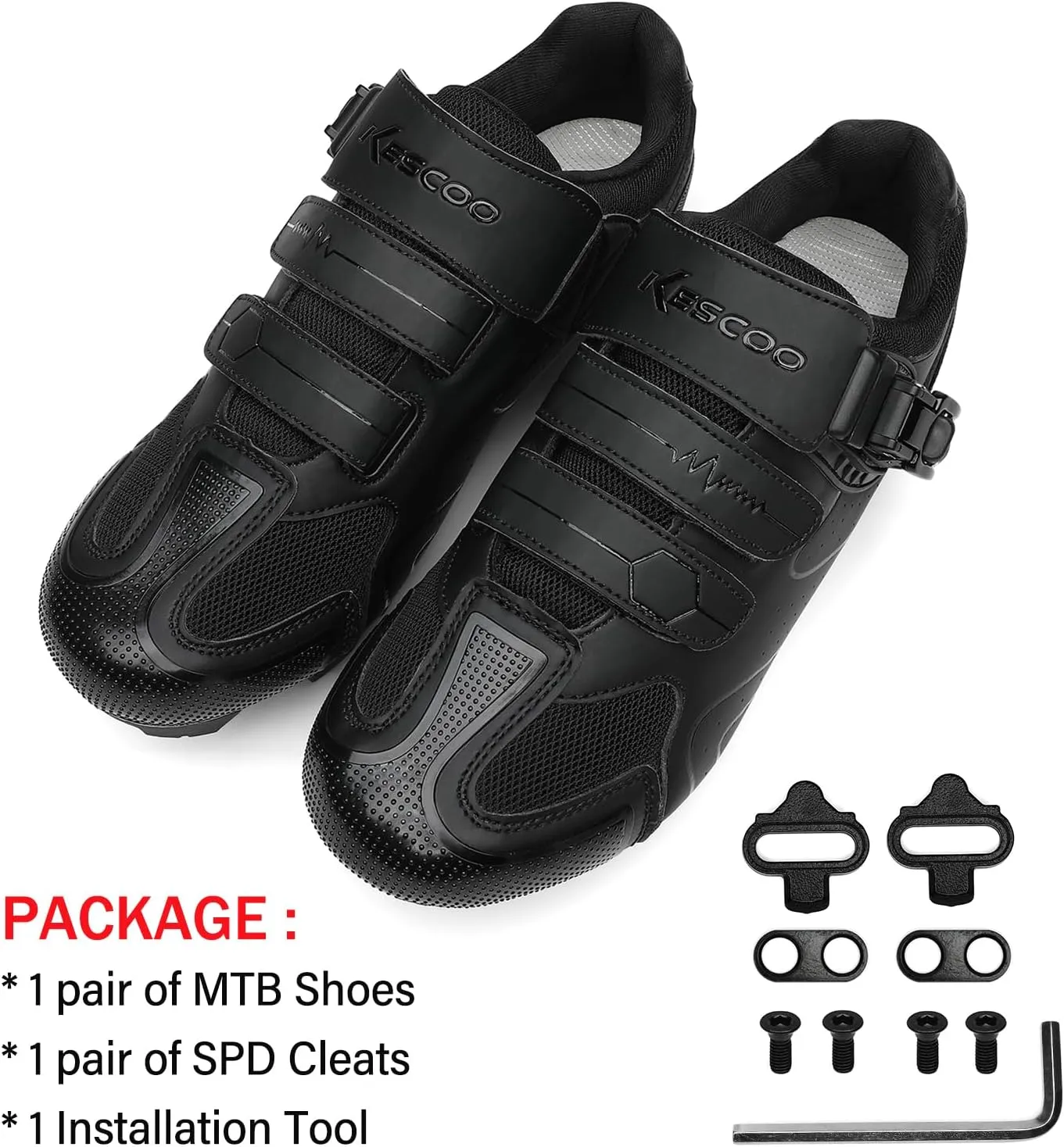 KESCOO Mens Mountain Bike Shoes with 2-Bolts SPD Cleats Included, Cycling Shoes with Quick Ratchet Buckle Indoor Outdoor Riding Biking