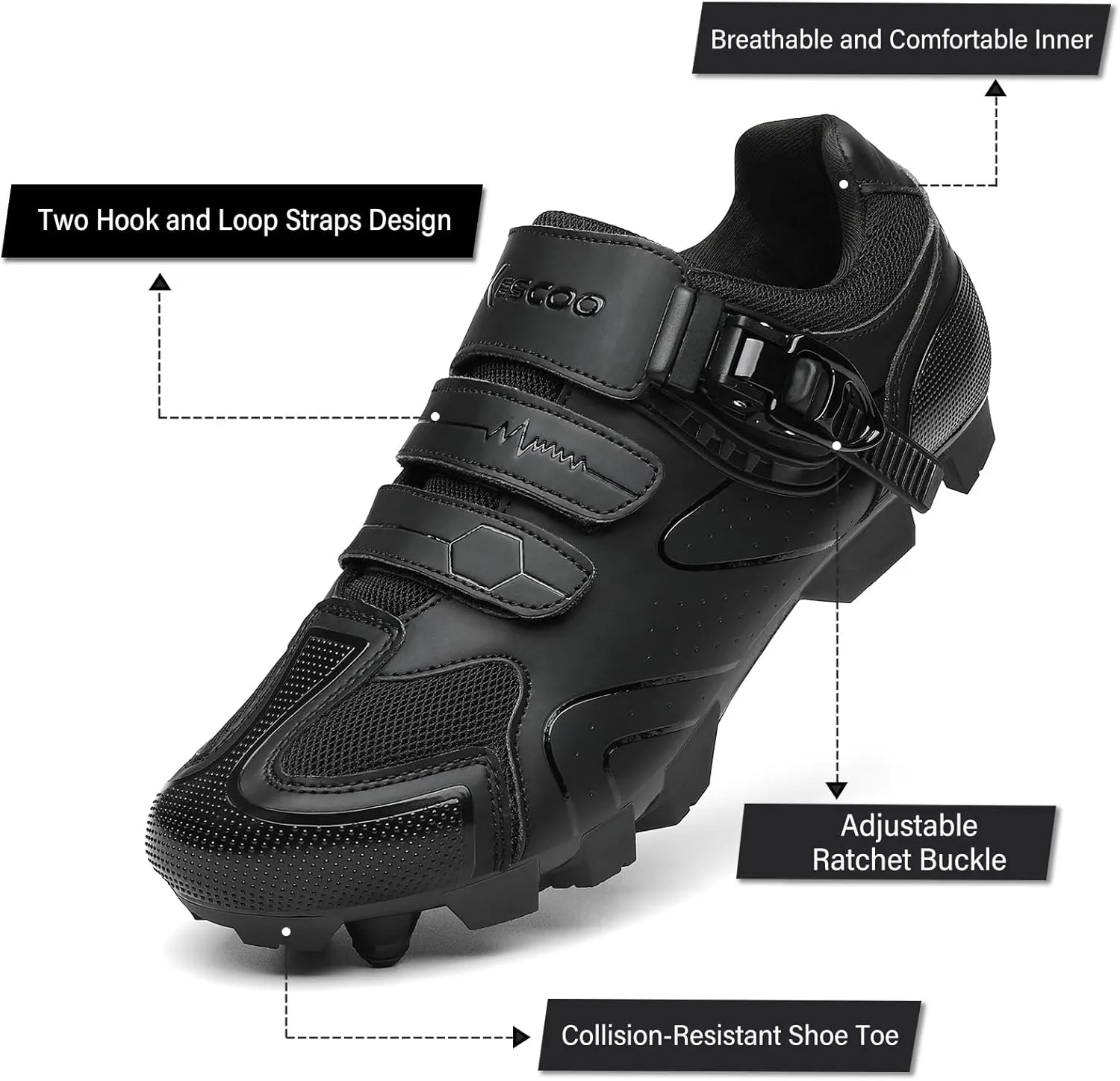 KESCOO Mens Mountain Bike Shoes with 2-Bolts SPD Cleats Included, Cycling Shoes with Quick Ratchet Buckle Indoor Outdoor Riding Biking