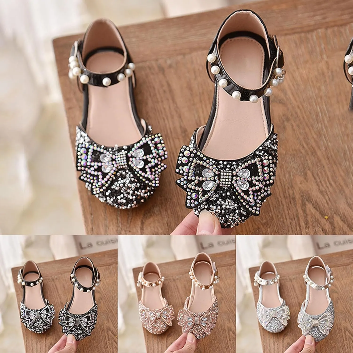 Kid Girls Mary Jane Ballerina Shoes with Pearl Ballet Sequined Shoes Wedding Dress Slip on Shoes for Toddler Girl