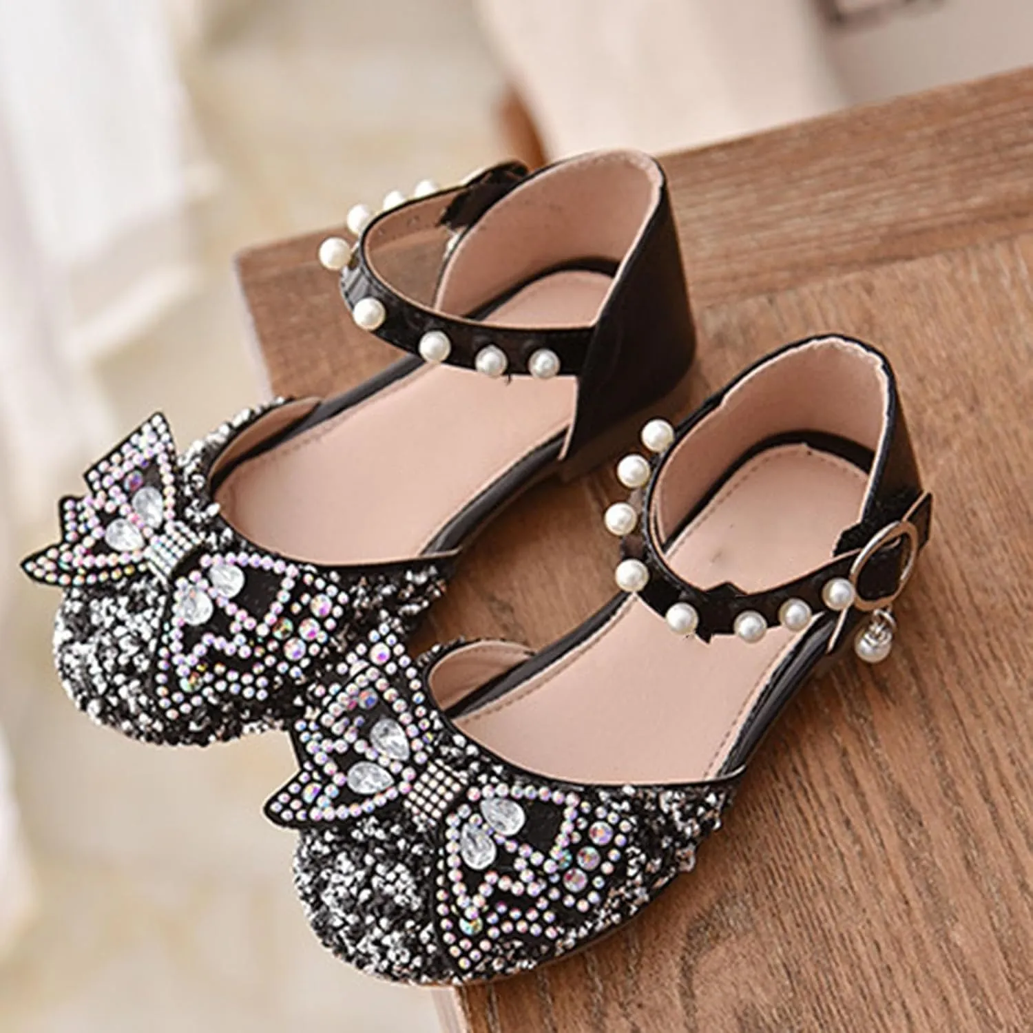 Kid Girls Mary Jane Ballerina Shoes with Pearl Ballet Sequined Shoes Wedding Dress Slip on Shoes for Toddler Girl