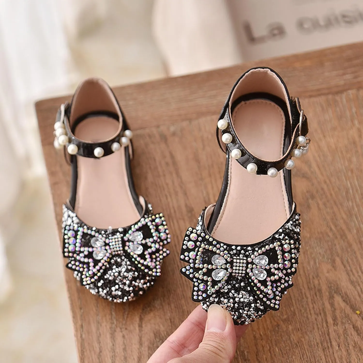 Kid Girls Mary Jane Ballerina Shoes with Pearl Ballet Sequined Shoes Wedding Dress Slip on Shoes for Toddler Girl
