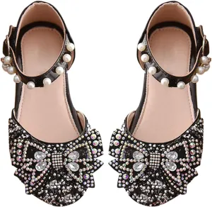 Kid Girls Mary Jane Ballerina Shoes with Pearl Ballet Sequined Shoes Wedding Dress Slip on Shoes for Toddler Girl